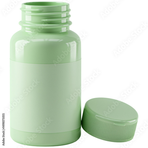 Open Light Green Plastic Pill Bottle with Label Mockup Displaying Empty Container and Separated Cap Object on Background