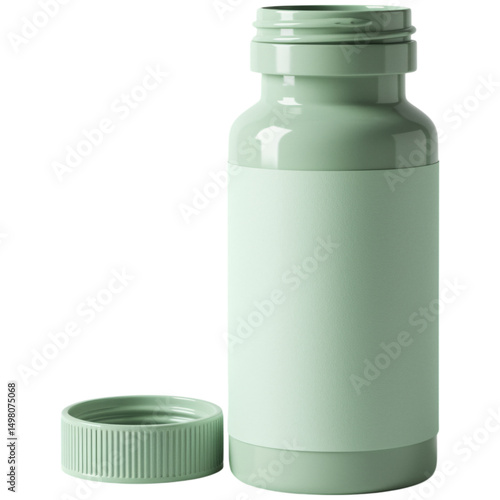 Sage Green Supplement Bottle With Blank Label And Matching Lid Isolated On Transparent Background For Marketing Mockup