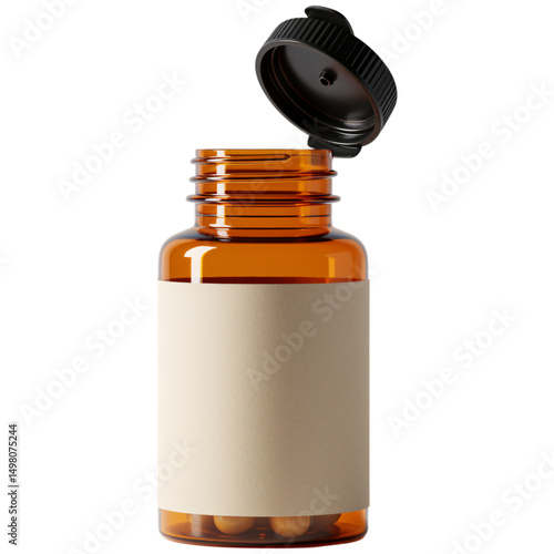 Pill Bottle with Open Lid Isolated on Transparent Background for Pharmaceutical Branding and Product Presentation