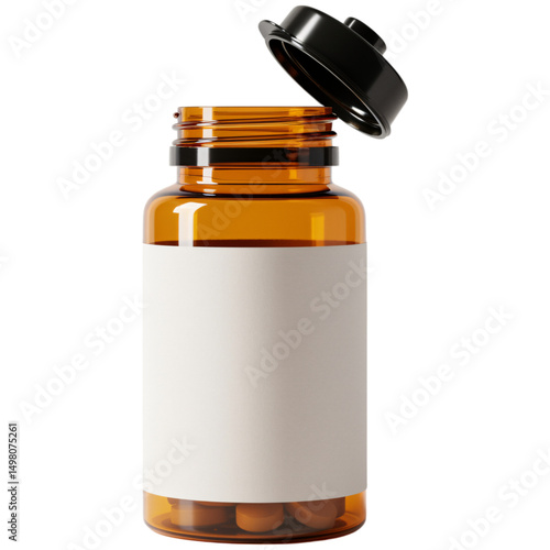 Amber Pill Bottle with Black Lid Displaying Healthcare and Dietary Supplements Isolated on a Transparent Background Promoting Wellness