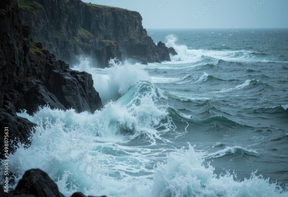 Fototapeta premium Dramatic ocean waves crashing against rugged cliffs on a stormy day
