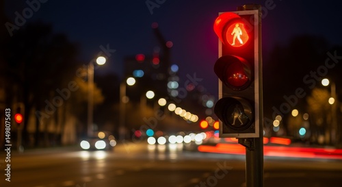 Wallpaper Mural Night City Pedestrian Crossing Signal - Red pedestrian light at night, city street blurred in background. Safety, traffic, urban Torontodigital.ca