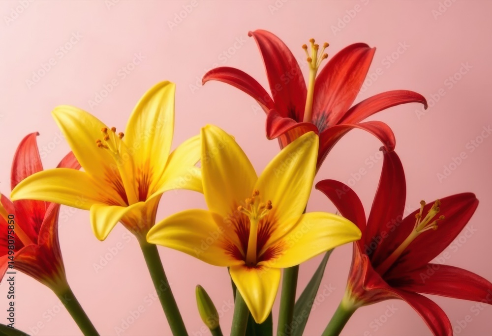 Obraz premium Vibrant yellow and red lilies arranged beautifully against a soft pink background