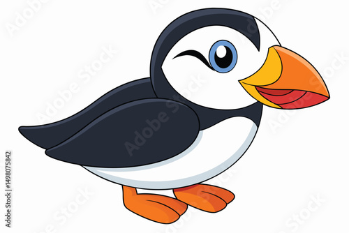 Cartoon Puffin Illustration with Playful Wink, Black and White Plumage, and Colorful Beak