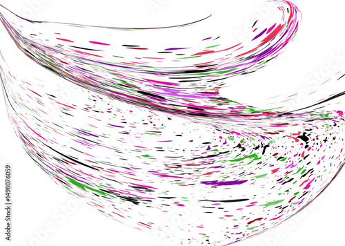 Strokes and splashes in different directions of multi-colored paint on a white background. Multi-colored dust particles and debris, paint splashes, strokes are carried away by the wind