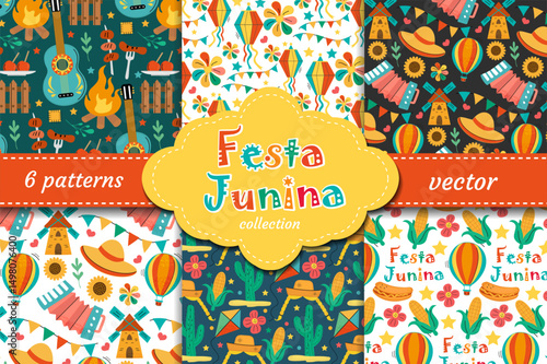 Festive vector patterns inspired by Brazilian Festa Junina. Features guitars, bonfires, food, lanterns and straw hats. Ideal for summer parties, posters, decor and packaging.