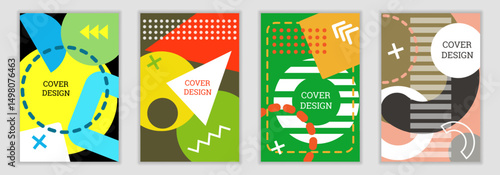 Bright background in Memphis style. Set of geometric cover designs. Fashionable bright cover, banner, poster, booklet. Bright colors. Vector