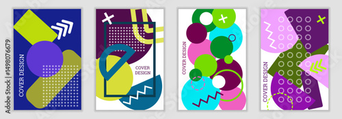 Bright background in Memphis style. Set of geometric cover designs. Fashionable bright cover, banner, poster, booklet. Bright colors. Vector