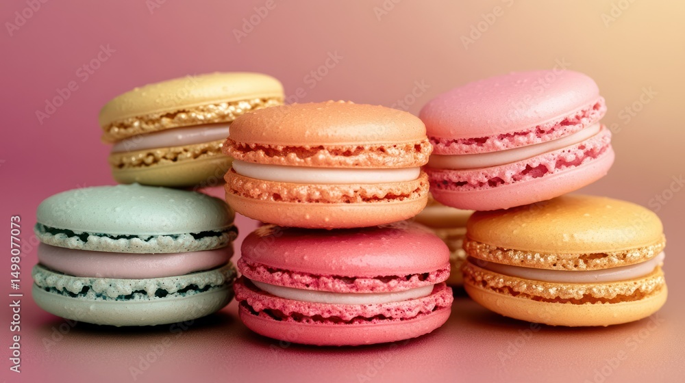 A stack of pastel colored macarons on a pink surface and background. A stack of pastel colored macarons on a pink surface and background.