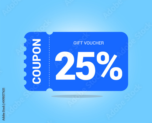 25% coupon promotion sale. Twenty five percent Vector Gift Voucher. Blue discount, lucky ticket, special offer promo. Web, shopping label, percent sign. Special price offers.