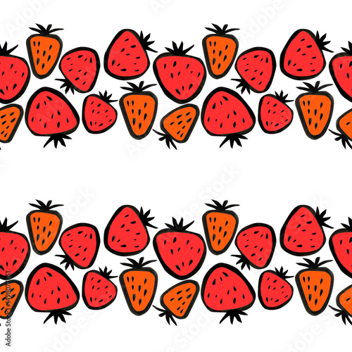 Juicy strawberries and watermelon, large berries on a white background in a cartoon style, a seamless pattern.