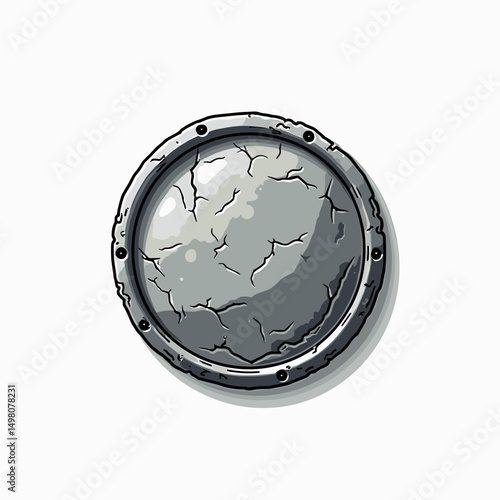 Cartoon Stone Shield Illustration with Cracks and Rivets on a White Background for Game Asset Design
