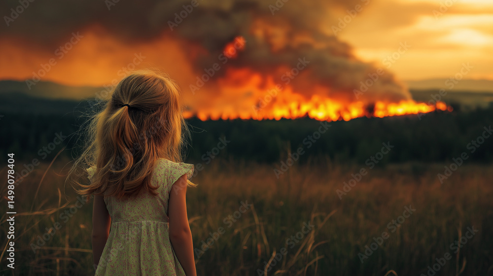 Obraz premium Girl looking at a forest fire in the distance, emotional and environmental scene evoking climate change, loss, and awareness