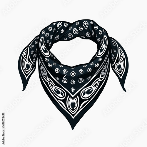 Black and White Bandana Vector Illustration with Paisley Design, Isolated on White Background for Fashion and Accessories