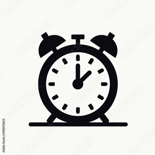 Black and White Alarm Clock Icon Illustration on White Background for Time Management Concepts