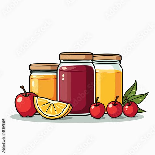 Homemade Fruit Jam Illustration with Apples and Oranges in Glass Jars on a White Background