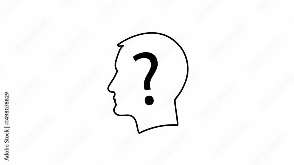 Thinking Head with Question Mark Animation with alpha channel on transparent background. It features a minimalistic animated silhouette of a human head with a bold question mark inside. Thinking Head with Question Mark Animation with alpha channel on transparent background. It features a minimalistic animated silhouette of a human head with a bold question mark inside.