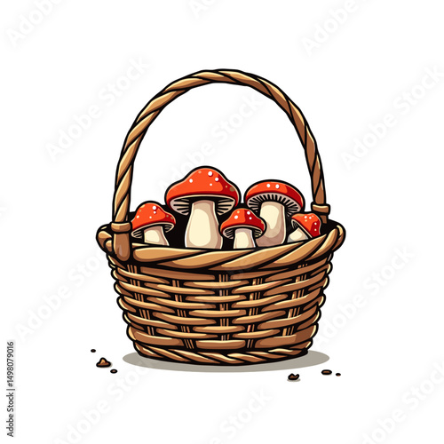 Basket full of vibrant red mushrooms, a whimsical illustration for food, nature, and fairytale themes.