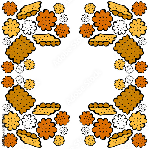 Appetizing cookies, crackers, biscuit pastries, seamless pattern in cartoon style. Frame with baking elements, ruddy buns.