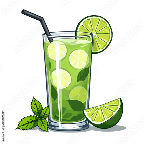 Refreshing Mojito Cocktail Illustration with Lime, Mint, and Ice Cubes in a Tall Glass