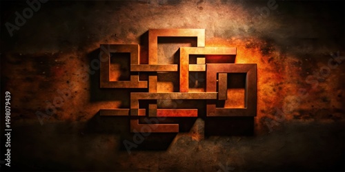 A complex metallic geometric pattern composed of intersecting squares and rectangles, illuminated by a spotlight, casting shadows on the textured, rusty background.