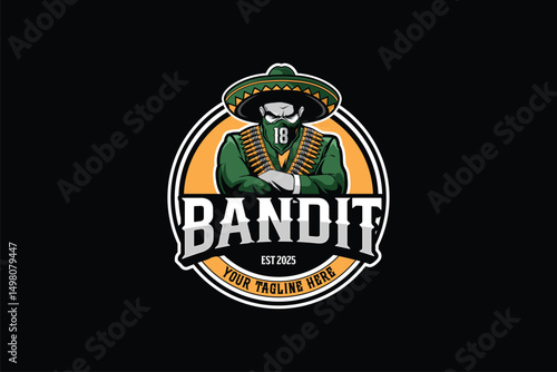 bandit with mexican hat and bandana cartoon character vector logo template
