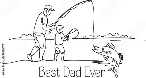 A father and son enjoying a fishing trip celebrating the best dad ever with a fish catch in a minimalist line art style