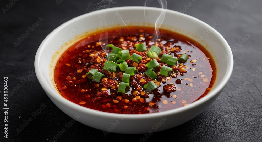 Steaming Bowl of Sichuan Chili Sauce - Aromatic, spicy Sichuan chili sauce, perfect for dipping, vibrant red color, garnished with green onions, symbolizes heat, flavor, authenticity, spice Steaming Bowl of Sichuan Chili Sauce - Aromatic, spicy Sichuan chili sauce, perfect for dipping, vibrant red color, garnished with green onions, symbolizes heat, flavor, authenticity, spice