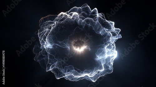 Matte black void hosts a luminous data vortex orbiting a radiant core