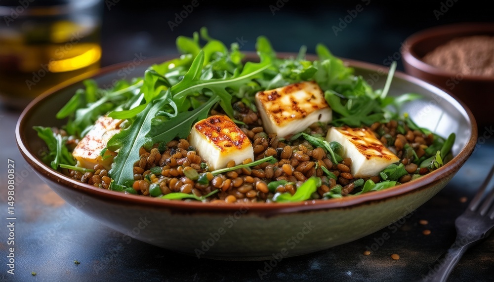Linsensalat-Bowl mit Halloumi und Rucola Linsensalat-Bowl mit Halloumi und Rucola