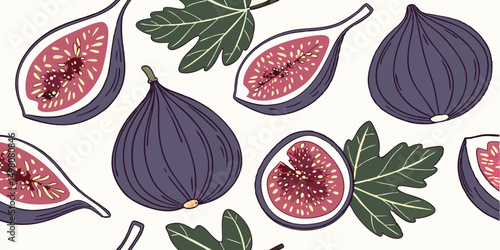 Hand drawn fig illustration pattern featuring whole and sliced fruits and leaves