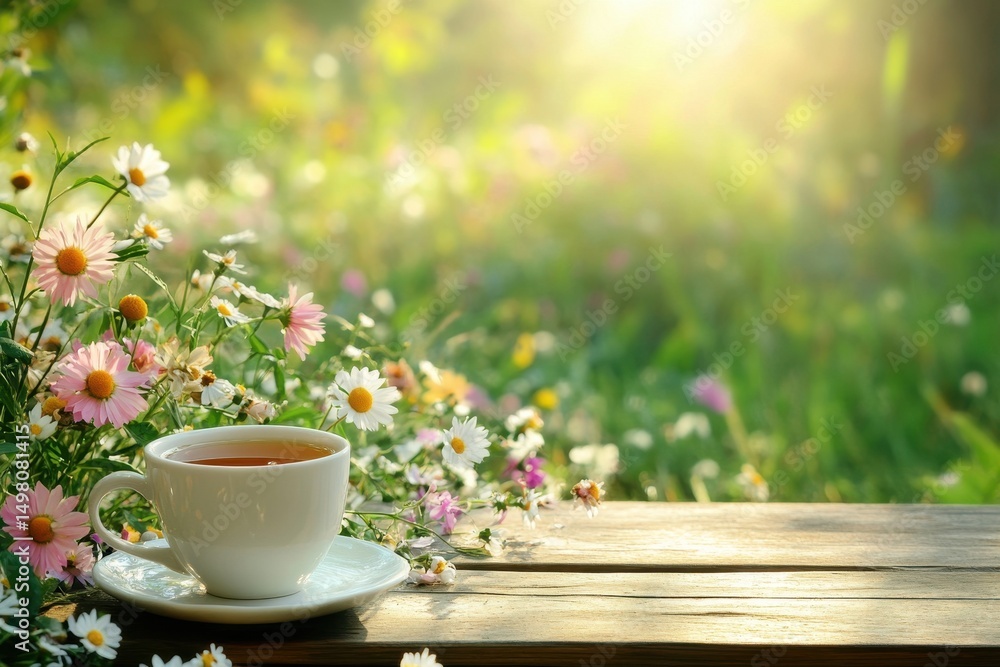 Spring meadow blooming with wildflowers and a warm cup of tea on a rustic wooden table, Blooming spring meadow with a cup of tea on a wooden table Floral serenity concept Spring meadow blooming with wildflowers and a warm cup of tea on a rustic wooden table, Blooming spring meadow with a cup of tea on a wooden table Floral serenity concept