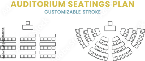 Auditorium seatings plan icon set, classroom, meeting, conference, seminar, training, semicircle arrangement, desk, customizable stroke, vector, illustration