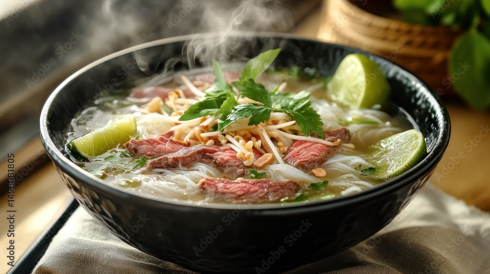 Steaming bowl of Vietnamese Pho with beef, noodles, lime and fresh herbs. Steaming bowl of Vietnamese Pho with beef, noodles, lime and fresh herbs.