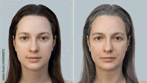 concept of facial aging. Woman young and old, comparison. skin aging, wrinkles and gray hair