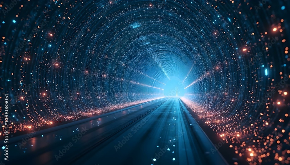 Obraz premium 3D digital mesh tunnels with pulsating light nodes and deep perspective .