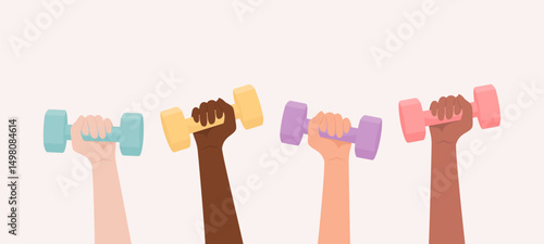 Hands of women of different skin tones holding up colorful dumbbells. Flat vector illustration