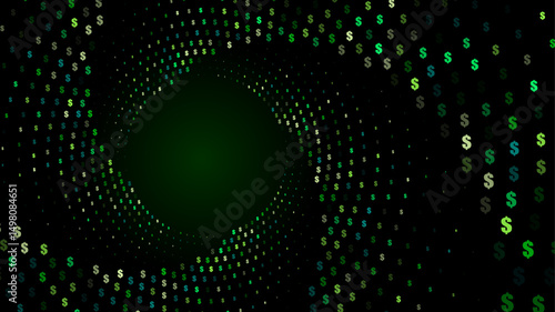 A dark background with a swirling vortex of green dollar signs of varying shades
