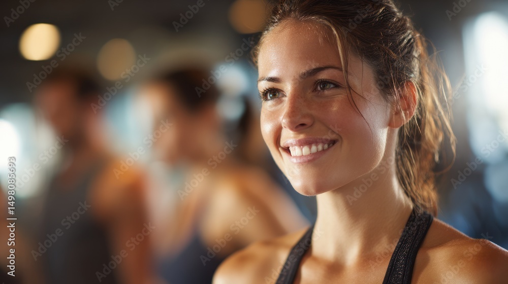 Smiling woman in gym with blurred people in background fitness concept. Smiling woman in gym with blurred people in background fitness concept.