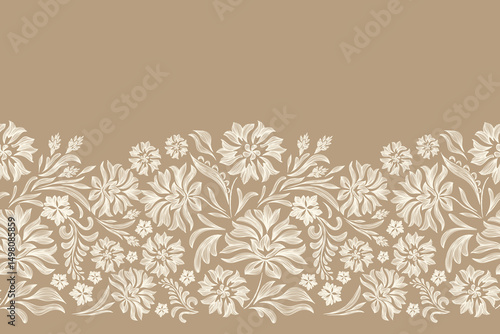 Vintage Floral patterns seamless background border embroidery ethnic batik retro. Flower motifs paisley batik. Brown silhouette watercolour flowers ikat design hand drawn. Vector illustration.