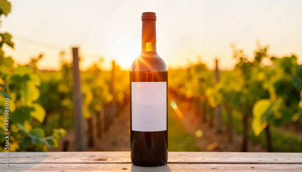 Fototapeta premium Wine bottle label template, elegant wine bottle showcased vertically in a vineyard setting during golden hour