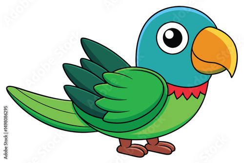 Cartoon Green Parrot with a Blue Head, Orange Beak and Red Details