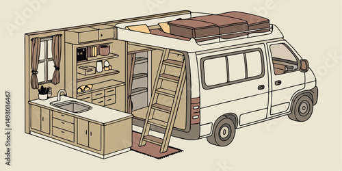 Cozy camper van illustration featuring kitchen area and rooftop storage design