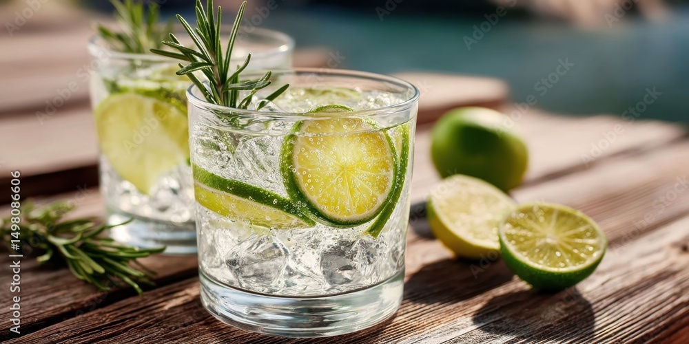 Fototapeta premium Refreshing Gin Tonic Cocktail with Lime and Rosemary on Wooden Table