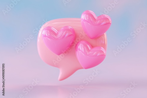 Social media love reaction with glossy pink hearts in translucent speech bubble on soft pastel background