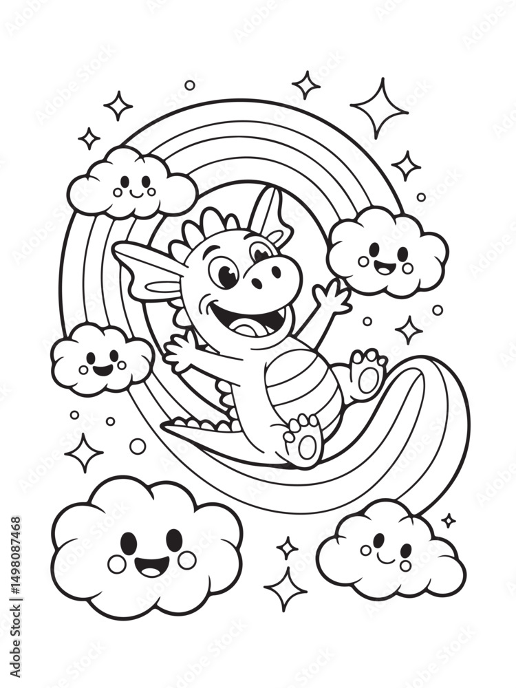 Fototapeta premium Cheerful Cartoon Dragon Sliding Down Rainbow Coloring Page for Kids