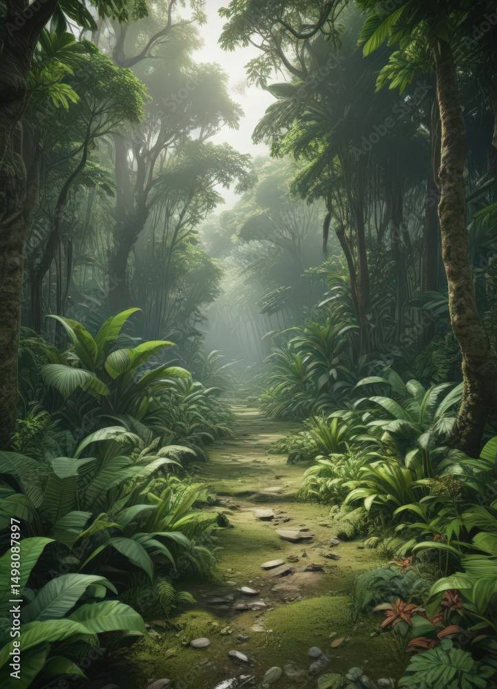 Naklejka premium Lush green tropical forest floor, dense undergrowth , environment, undergrowth, green