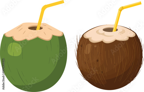 Refreshing Coconut Water Drink Vector Illustration with Straw and Green Coconut on Transparent Background for Tropical Beverage and Summer Themes