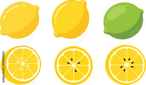 Bright Lemon and Lime Vector Illustration with Whole and Sliced Fruits and Green Leaves on Transparent Background for Citrus, Food, and Drink Designs