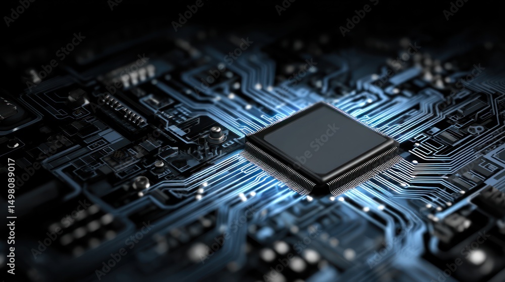 Electronic circuit board with central processor unit illuminated in blue light. Electronic circuit board with central processor unit illuminated in blue light.